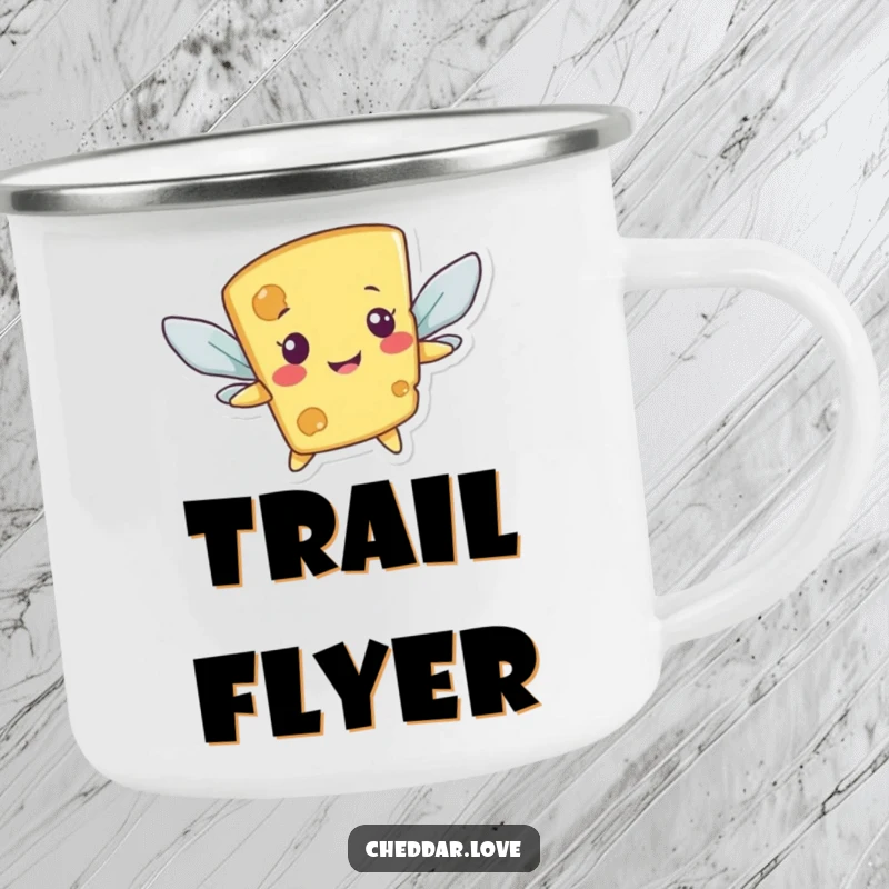 Funny camping mug showcasing a smiling cheese character awkwardly flying with cracker wings, perfect for outdoor enthusiasts.