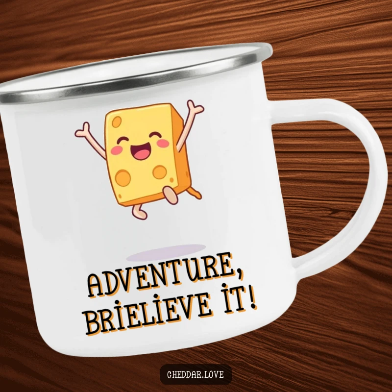 Funny camping mug with an ecstatic cheese block in a joyful leap, ready for outdoor adventures. A great funny gift.