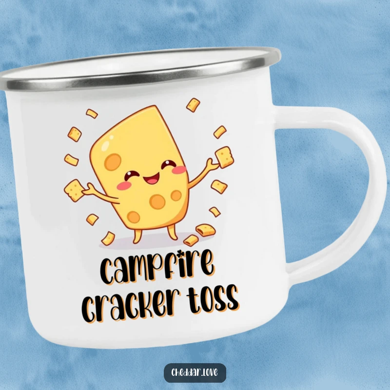 Funny camping mug featuring a cheese character juggling crackers, perfect for enjoying drinks outdoors with a humorous twist.