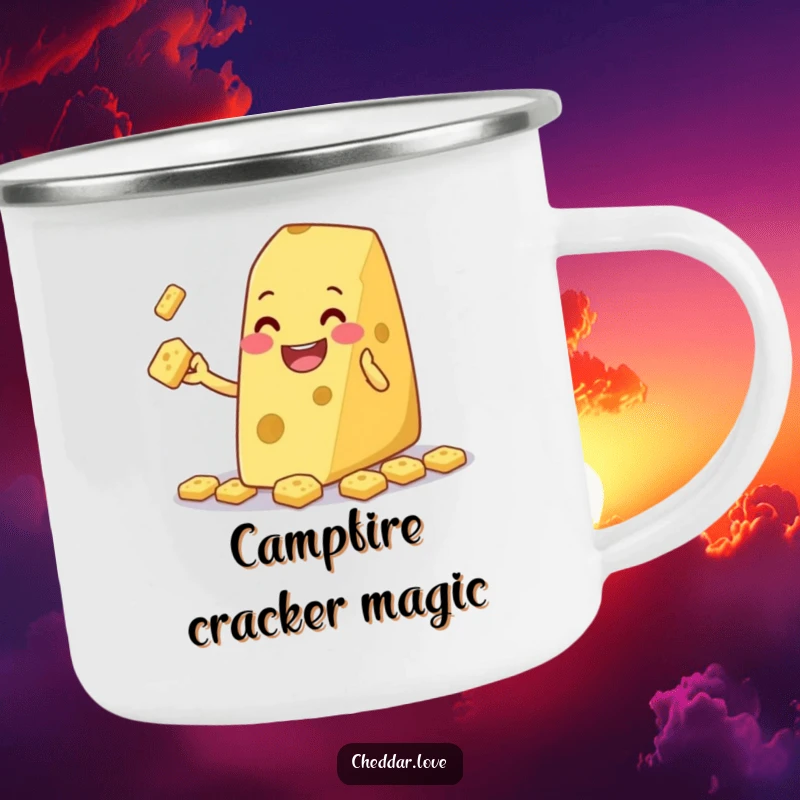 Funny cheese wedge grinning and juggling tiny crackers, on a camping mug, for playful and humorous outdoor sips.
