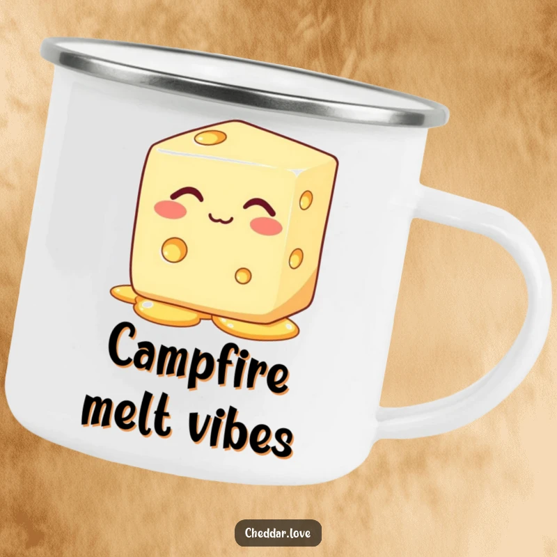 Funny block of cheese with eyes closed, happily melting, on a sturdy cheese camping mug, a great gift.