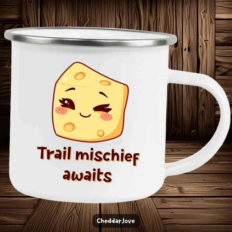 Funny Camping Mug showing a piece of cheese winking mischievously, perfect for secret adventures outdoors.
