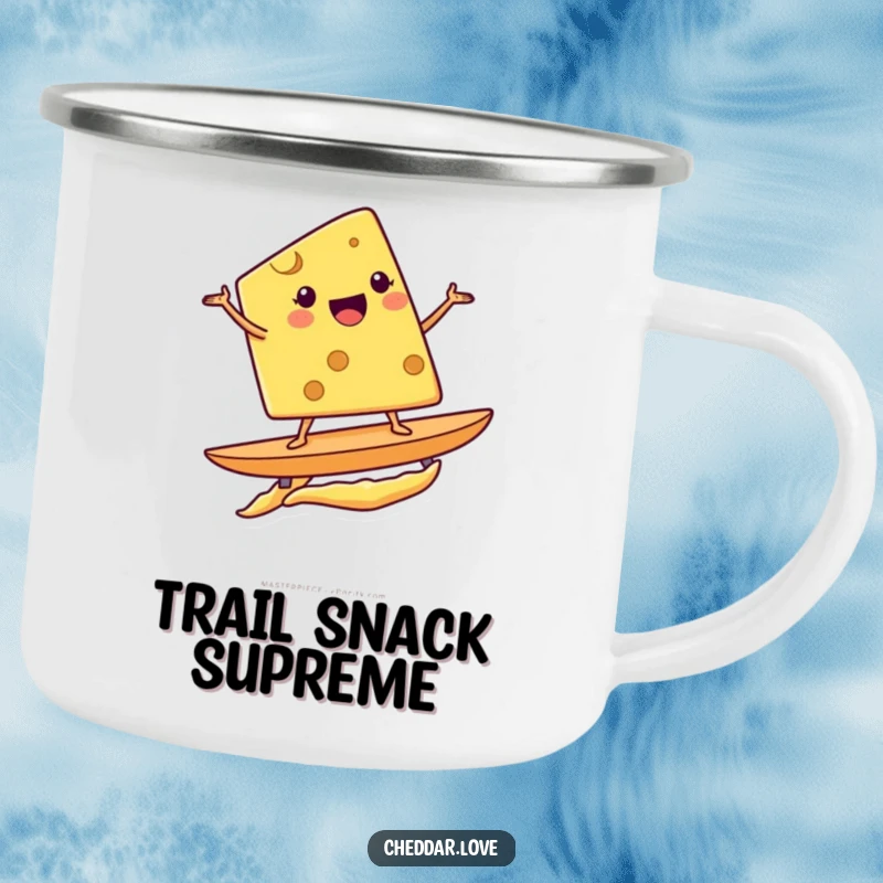 Funny camping mug with a cheese wedge surfing a potato chip, designed for enjoying drinks outdoors.