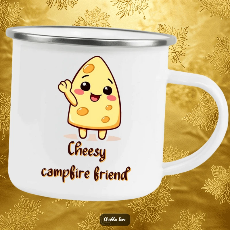 Funny cheese character doing a cheerful wave with a raised corner, on a sturdy cheese camping mug, a great gift.