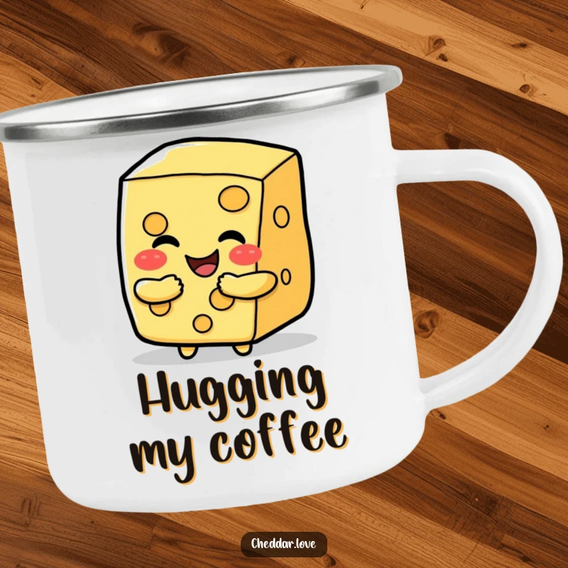 Funny happy cheese slice character offering a cheesy hug, a sturdy and humorous camping mug.