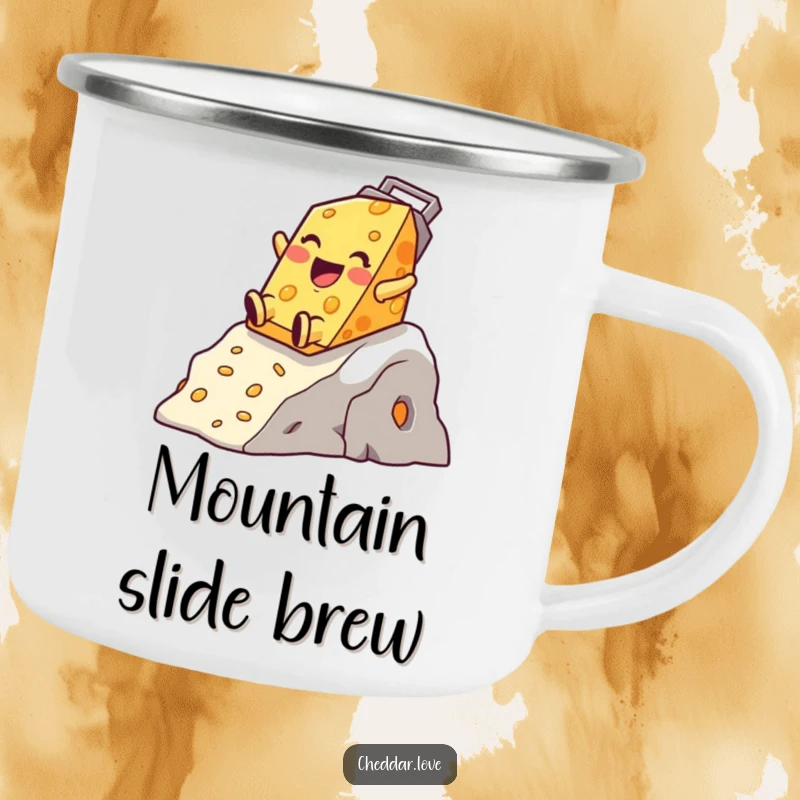 Funny Cheddar Cheese Camping Mug, happy character sliding down a cheese grater mountain, built for adventure.