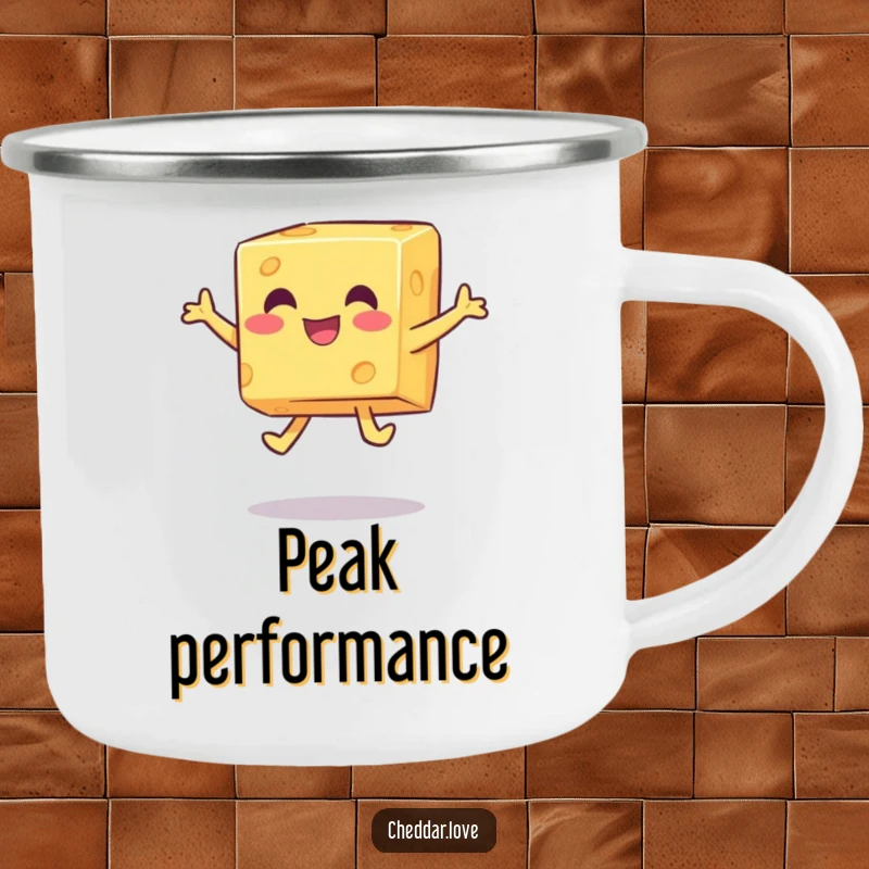 Funny happy cheese cube performing a playful jump on a durable and funny camping mug.