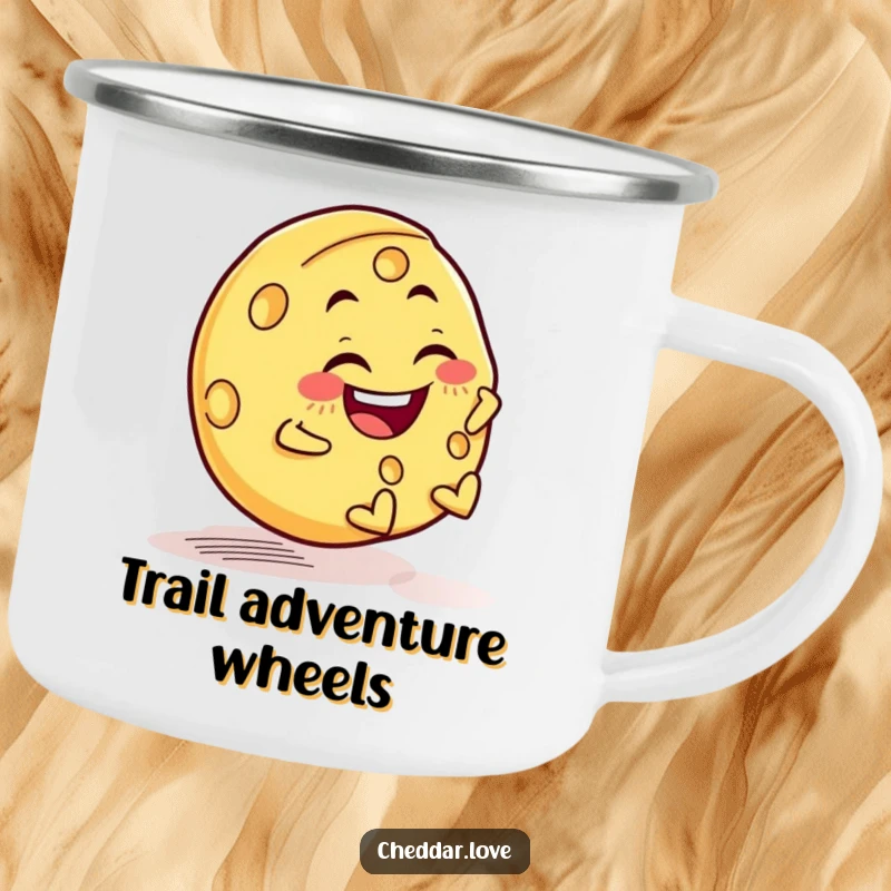 Funny camping mug with a cheese wheel rolling downhill with a mischievous grin, perfect for outdoor enjoyment.