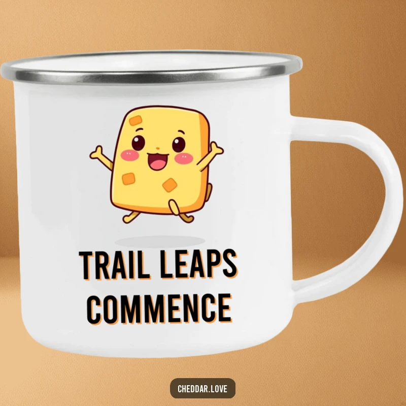 Funny Camping Mug showcasing an enthusiastic piece of cheese with legs, jumping with joy during outdoor adventures.