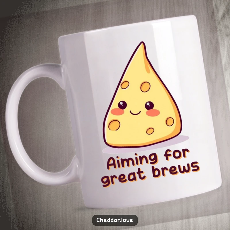 Funny smiling cheese wedge mug, pointing dramatically upwards with a determined and cheerful expression, inspiring aspirations.