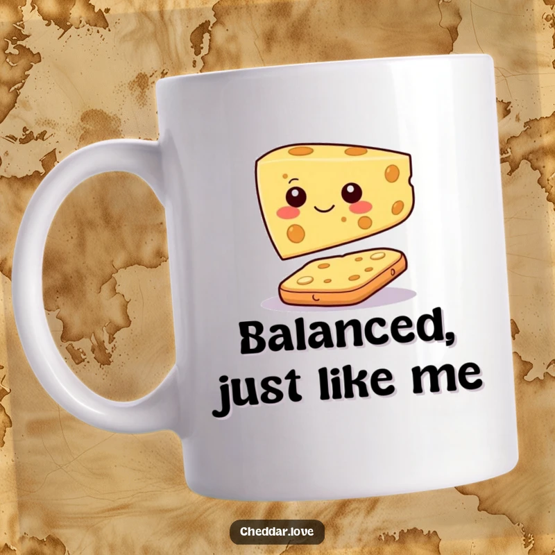 Funny mug featuring a happy cheese slice character precariously balancing on a cracker, conveying a sense of playful risk.