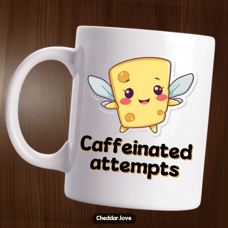 Funny mug featuring a smiling cheese character awkwardly attempting to fly using cracker wings, a comical sight.