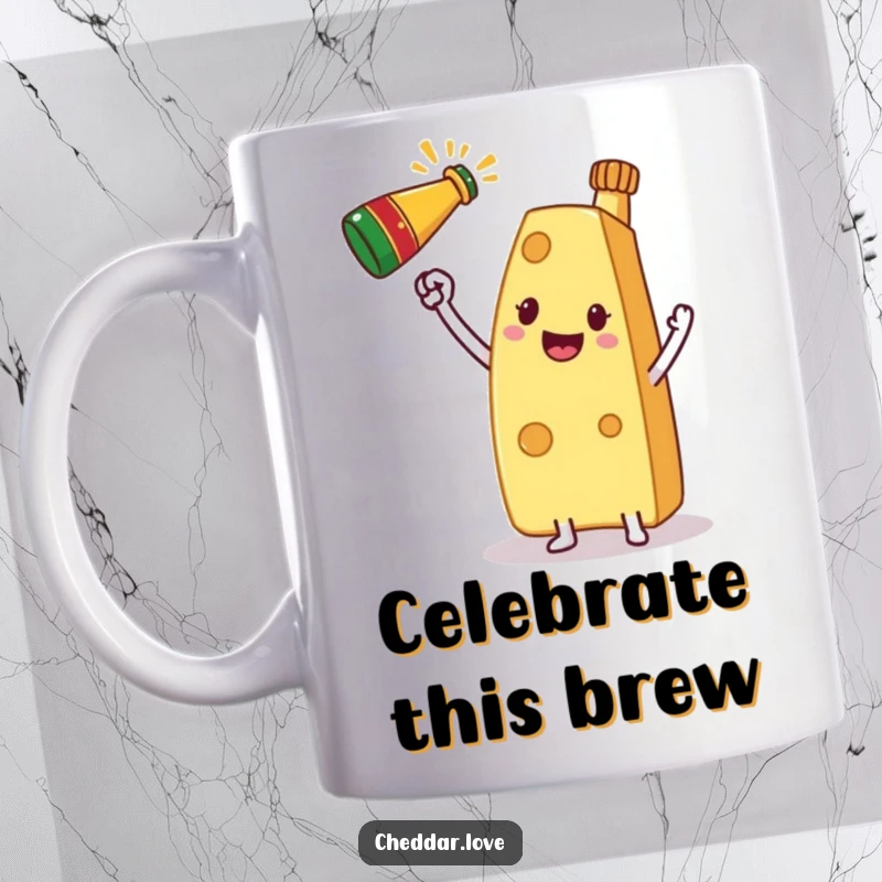 Funny Mug featuring a slice of cheese cheering with a small champagne bottle, embodying celebratory fun.