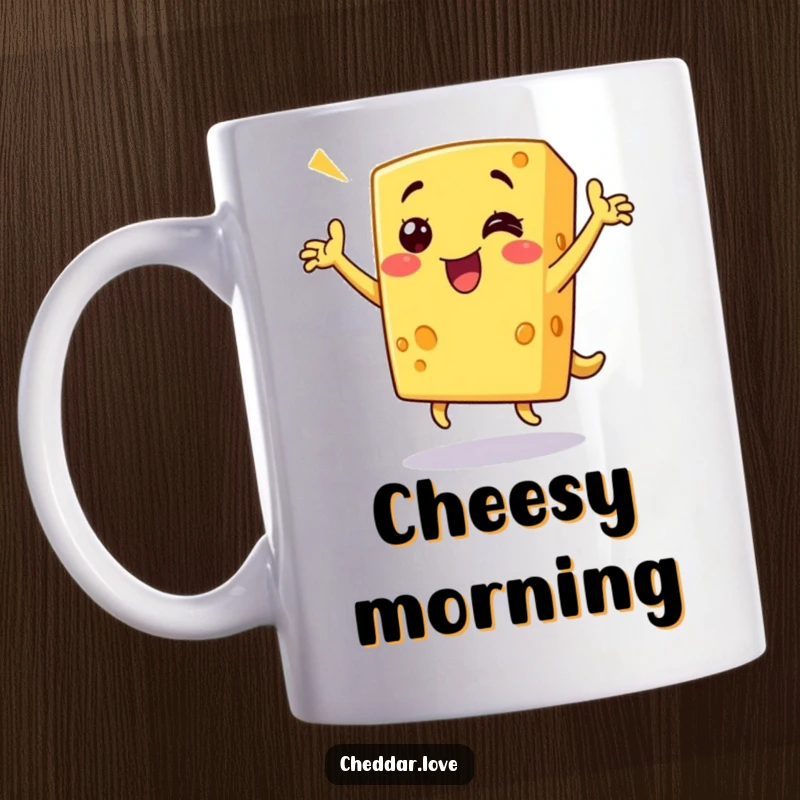 Funny cheddar cheese mug showing a grinning piece of cheese doing a triumphant dance, conveying pure, cheesy joy and humor.