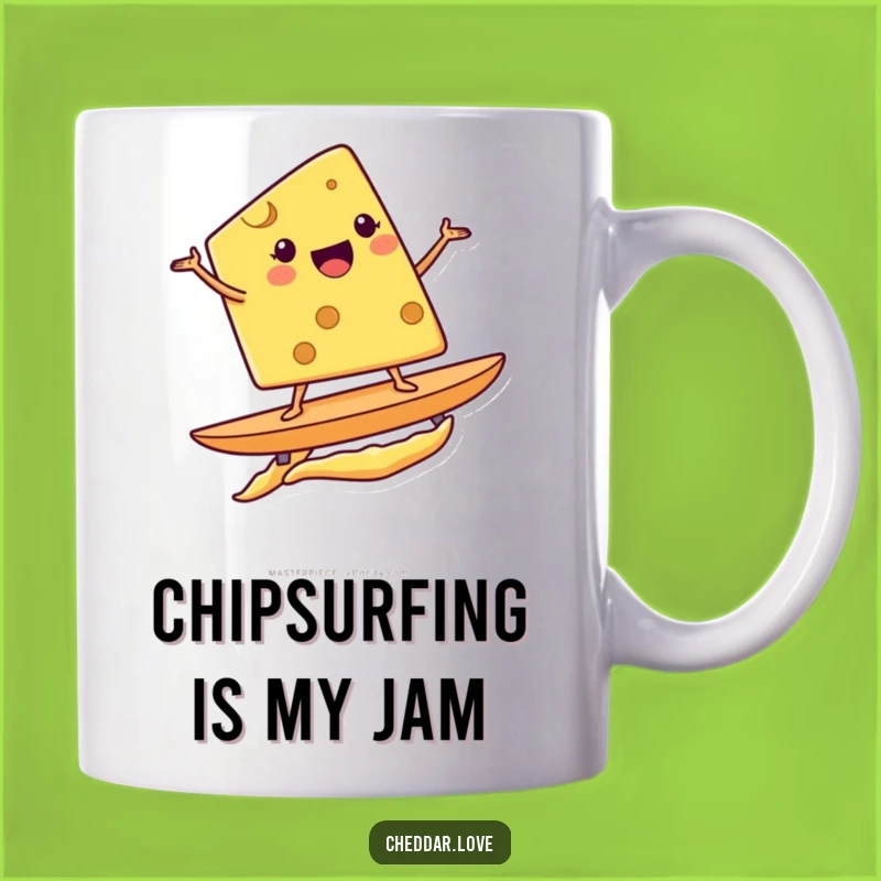 Funny Surfing Cheese Wedge Mug - Exciting Potato Chip Ride, Perfect Gift