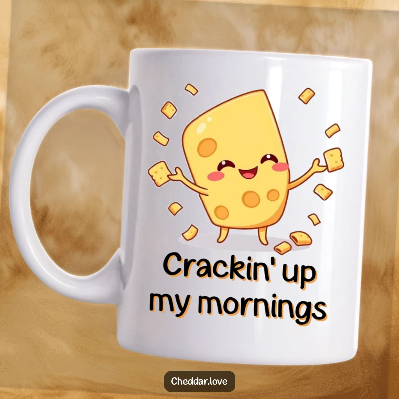 Funny mug featuring a happy cheese character expertly juggling small crackers, showcasing skill and cheerful playfulness.