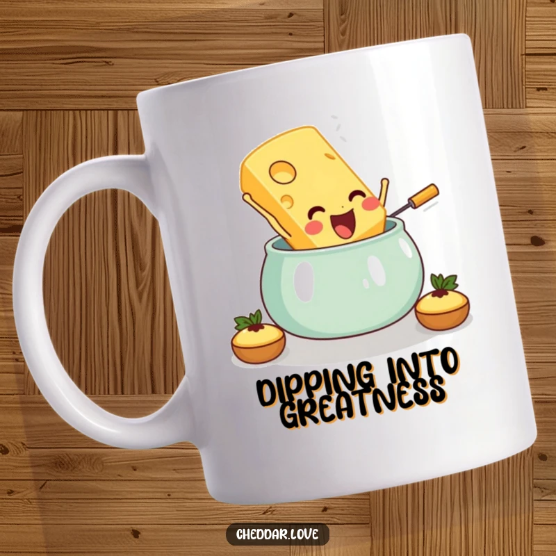 Funny mug with a joyful cheese slice mid-leap into a bubbly fondue pot, embodying cheesy fun and excitement.