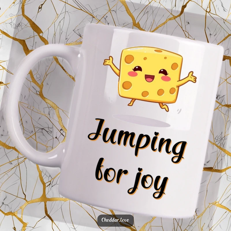 Funny Mug: A square cheese cube frozen in a comical, off-balance jump, looking undeniably silly.