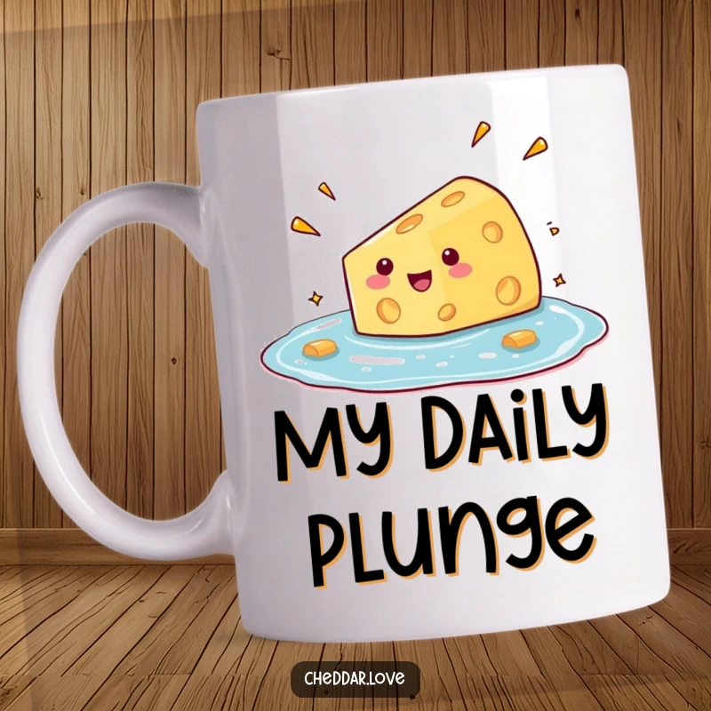 Funny mug featuring a wedge of cheese comically diving, spreading glee and joy in a pool of happiness.