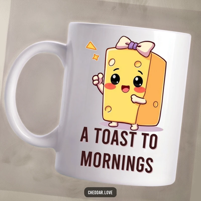Funny Mug: A block of cheese strikes a triumphant pose, taking a bow after completing a trick, showing pride.