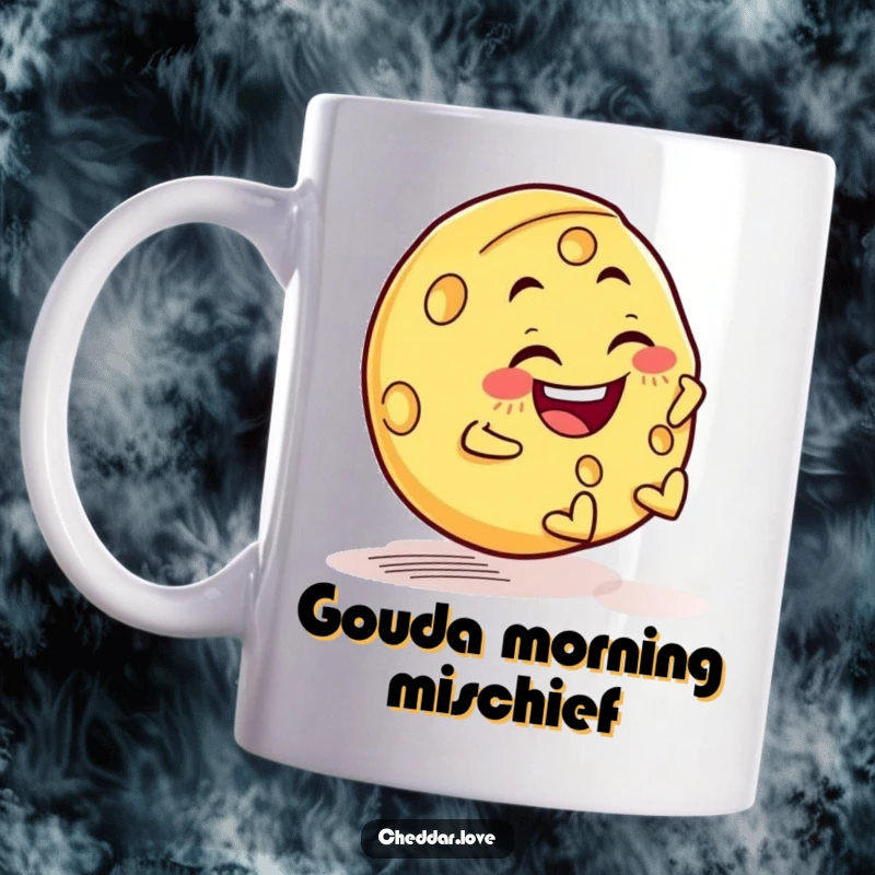 Funny mug with a joyful cheese wheel rolling downhill with a mischievous grin, full of cheesy delight.