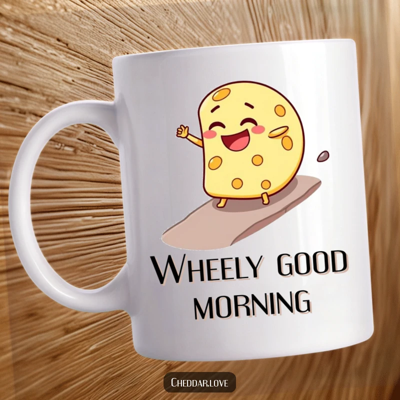 Funny Mug: A happy cheese wheel with a mischievous grin rolls downhill, exuding pure, uncontrolled joy.
