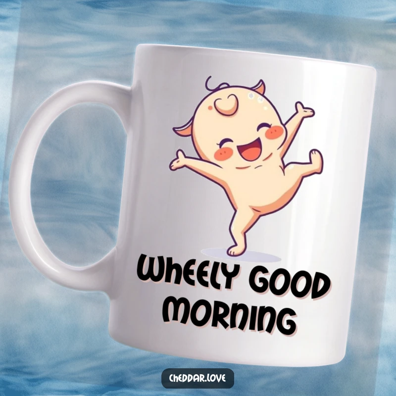 Funny mug with a smiling, anthropomorphic cheese character performing an energetic cartwheel with pure joy.
