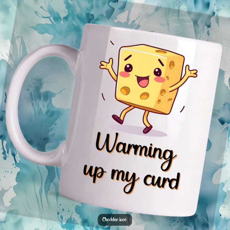 Funny dancing cheese mug, block of cheese doing a wild, exaggerated dance with a joyful expression and disco vibes.