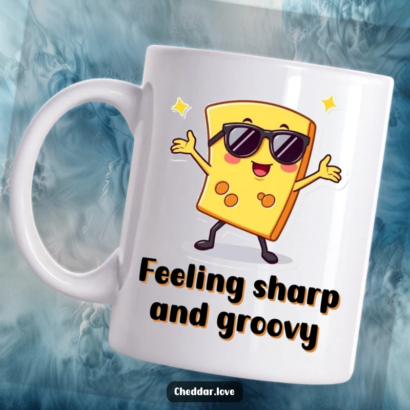 Funny mug showing a slice of cheese wearing sunglasses, striking a groovy disco dance pose with flair.