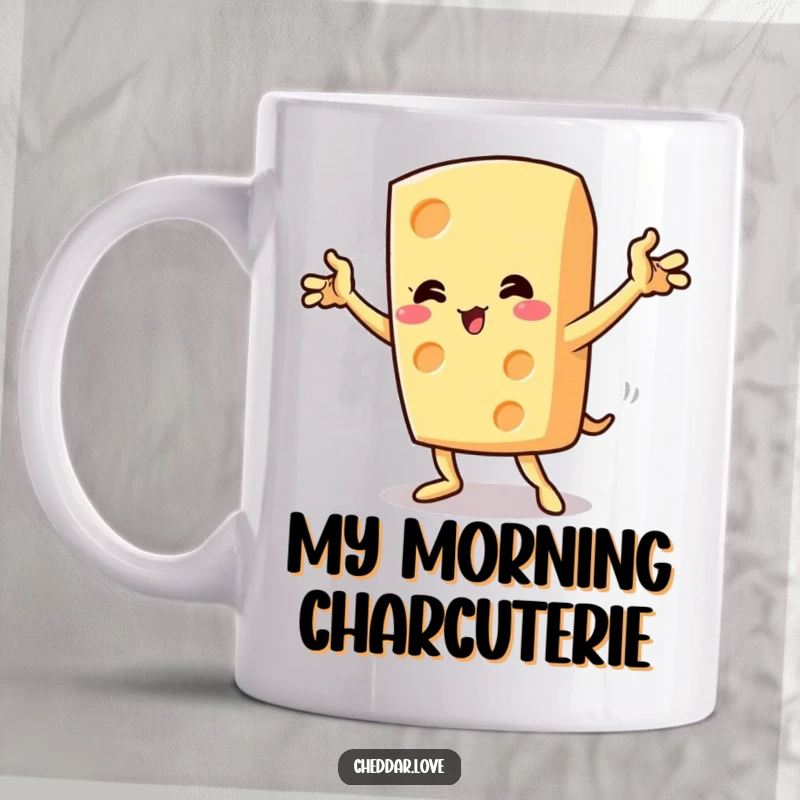 Funny cheese wedge executing a dramatic theatrical pose with a flourish, perfect for a comedian's mug.
