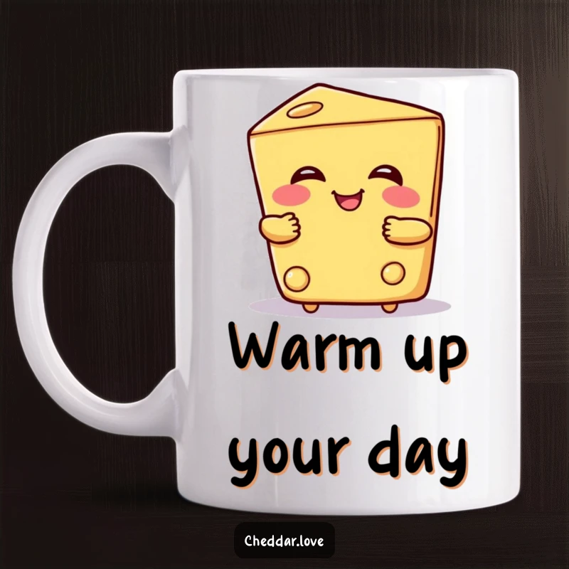 Funny cheese mug showing a smiling wedge of cheese giving a warm, friendly hug, conveying comfort and cheesy affection.