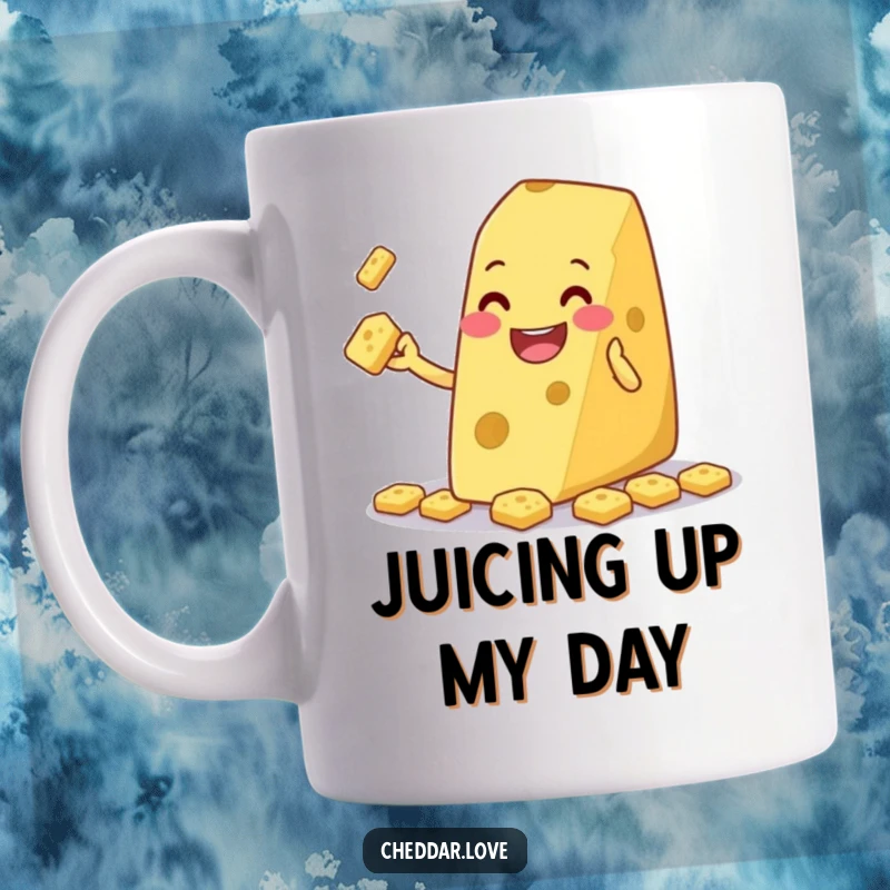 Funny grinning cheese wedge playfully juggling tiny crackers on a mug, creating a whimsical and humorous scene.