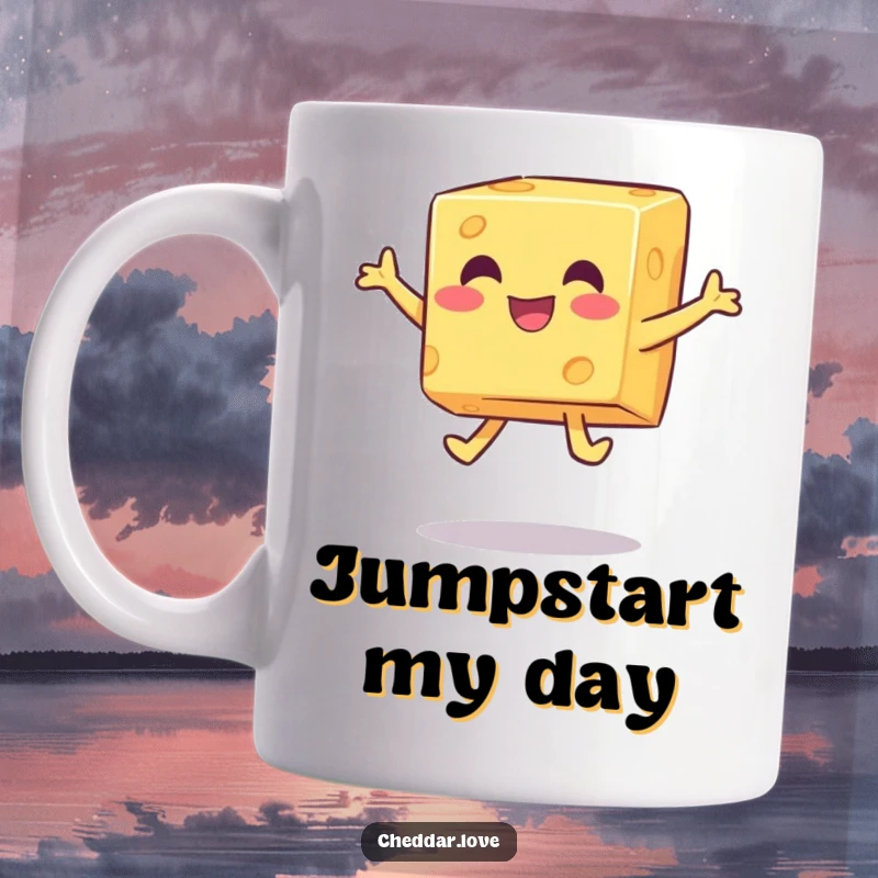 Funny happy cheese cube performing a playful jump, a joyful and funny mug.