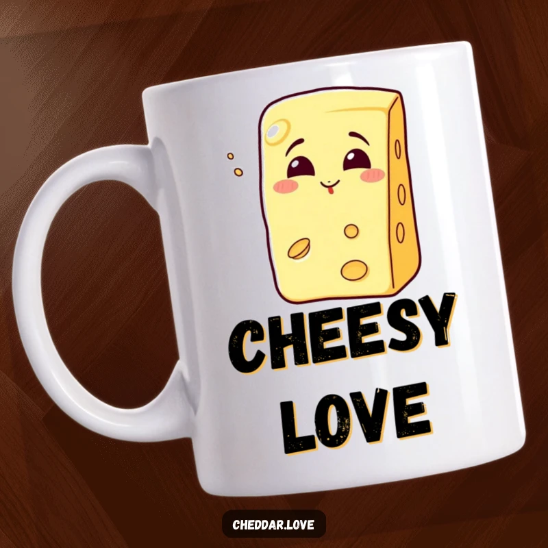 Funny grinning cheese wedge blowing a kiss, a charming and funny mug.