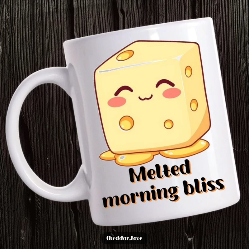 Funny block of cheese with eyes closed, happily melting on this hilarious mug, a perfect gift for cheese lovers.