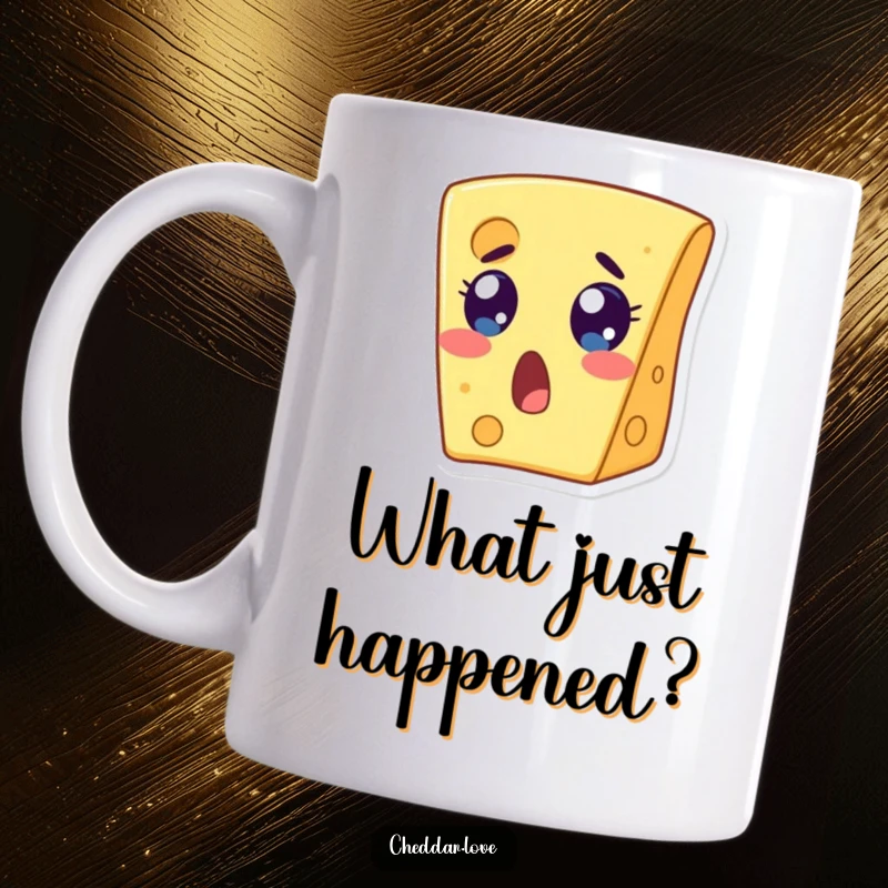 Funny mug depicting a wide-eyed, open-mouthed cheese slice in a state of shock. Ideal funny gift.