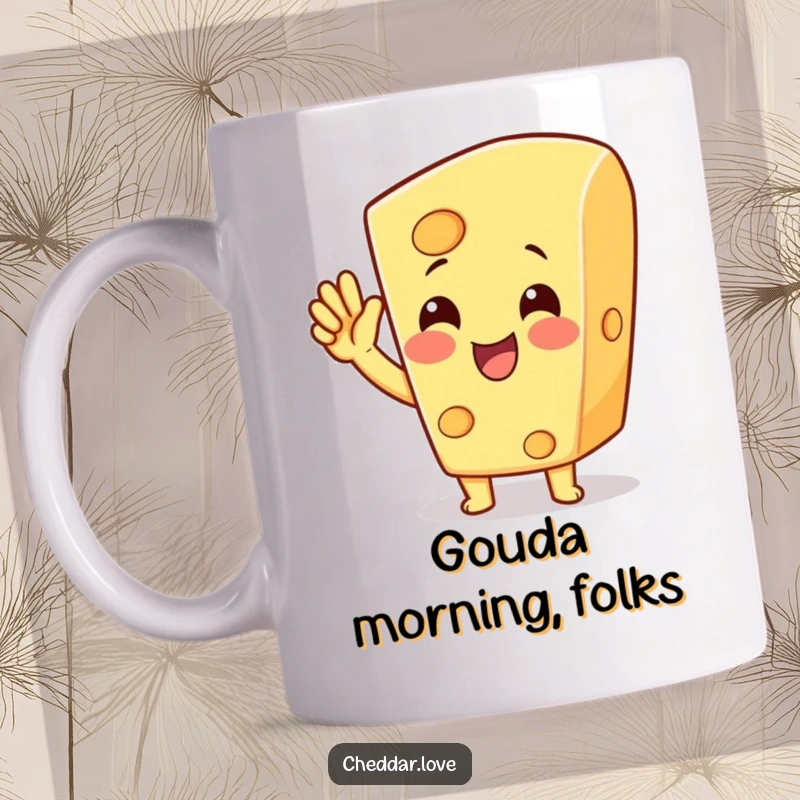 Funny cheese character with a smiling face cheering with a raised hand in celebration, a comical delight for a funny gift.