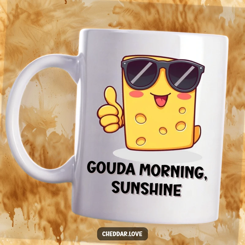 Funny cheddar cheese slice in sunglasses giving a thumbs-up, radiating cool vibes, on a mug for a humorous gift.