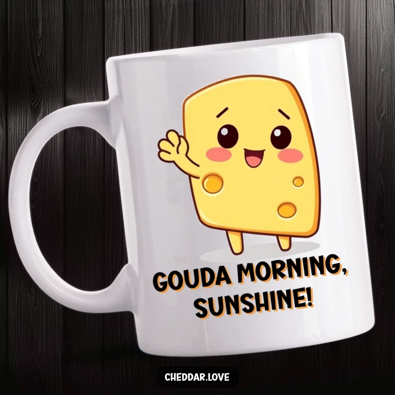 Funny mug: A cheerful wedge of cheese enthusiastically waves, a delightful and humorous character.