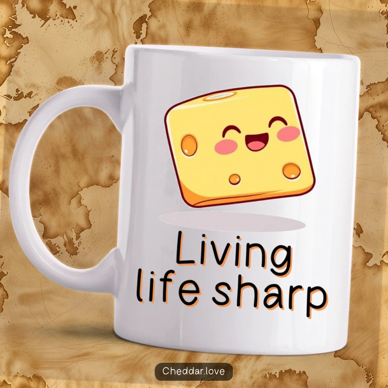 Funny cheese block joyfully balancing on its corner, depicted on a mug, symbolizing precarious joy and humor.