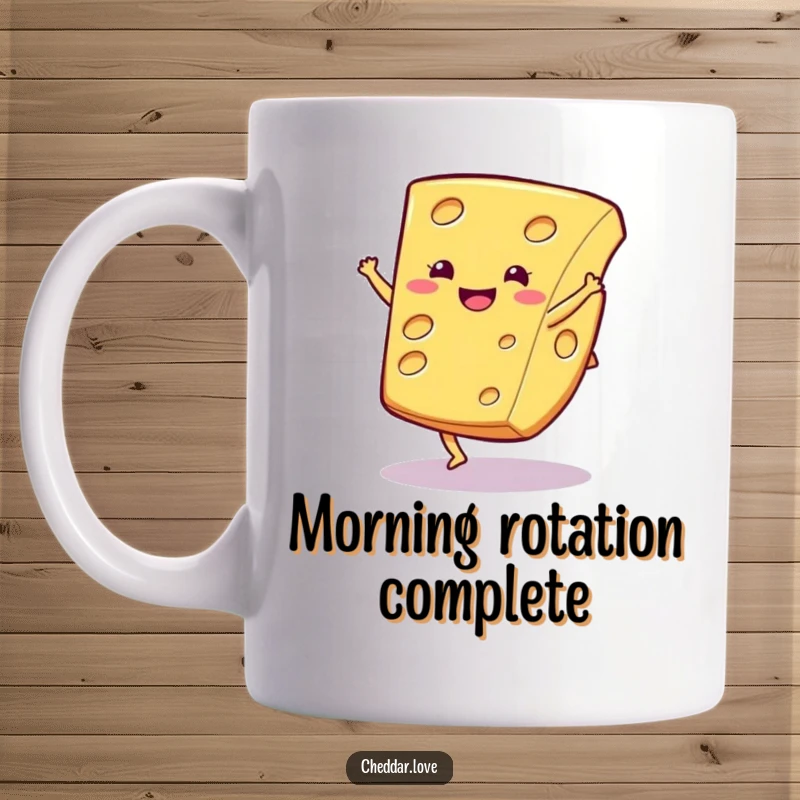 Funny cheese mug featuring a happy cheese slice performing a dynamic cartwheel with a joyful expression, perfect gift.