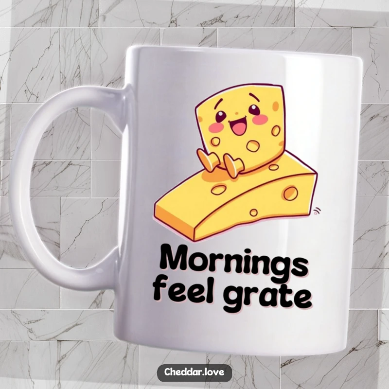 Funny Mug: A happy, smiling cheese wedge character gleefully sliding down a slick, cheesy ramp.