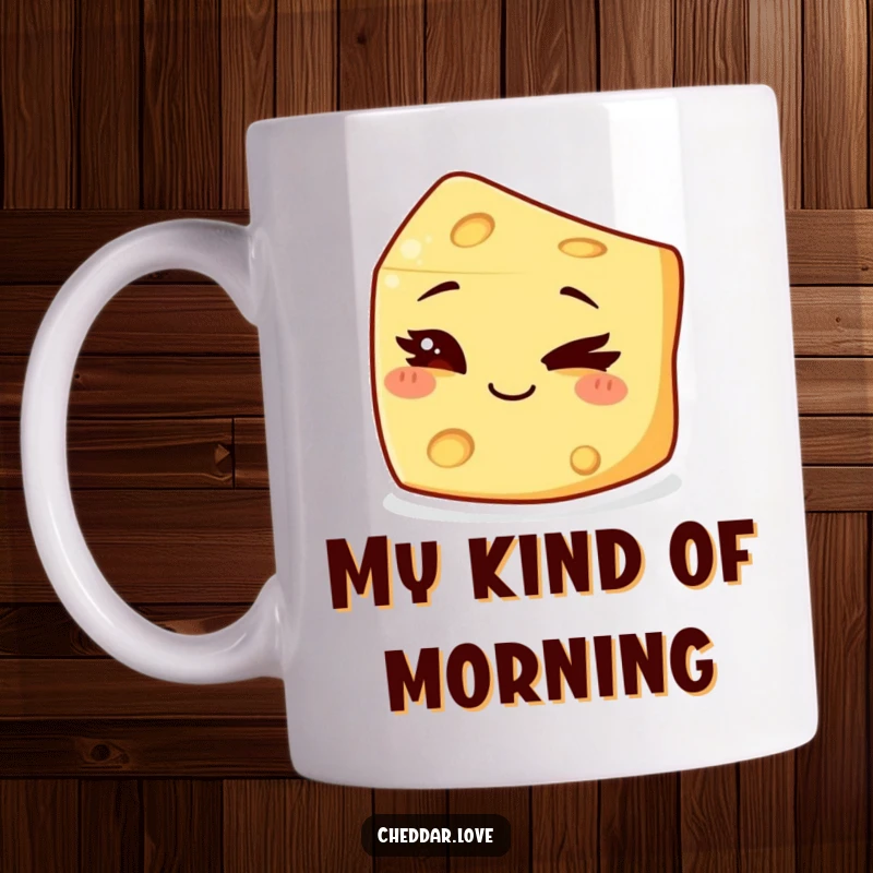 Funny Mug featuring a small chunk of cheese winking slyly with a mischievous grin, exuding playful naughtiness.