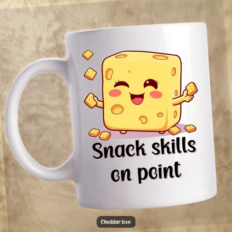 Funny mug featuring a winking cheese cube skillfully juggling small crackers with a mischievous expression.