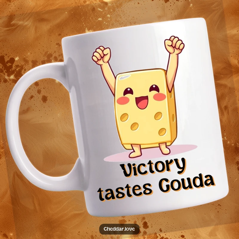 Funny cheese mug with arms raised in victory, celebrating a win with pure joy and cheesy enthusiasm, a great gift.