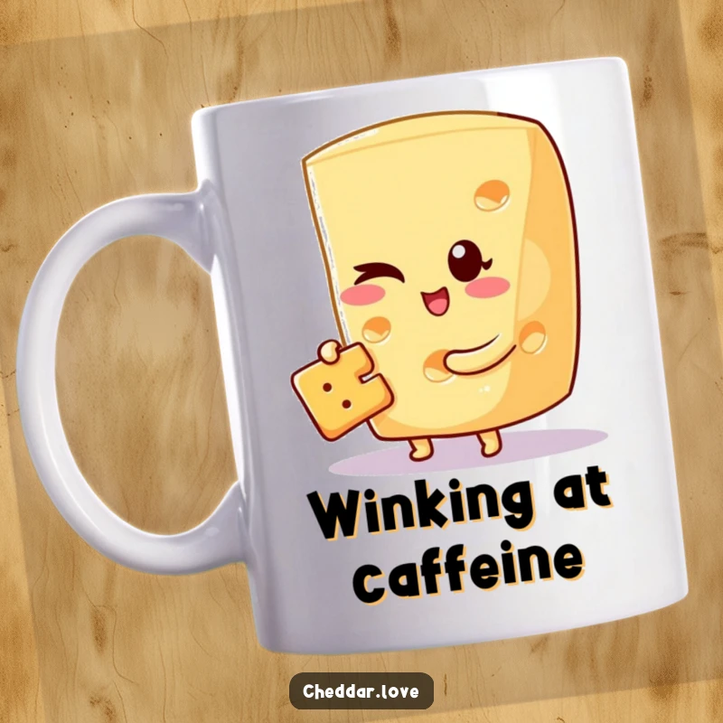 Funny mug showcasing a cheese wedge winking slyly while holding a miniature cracker, exuding playful mischief.