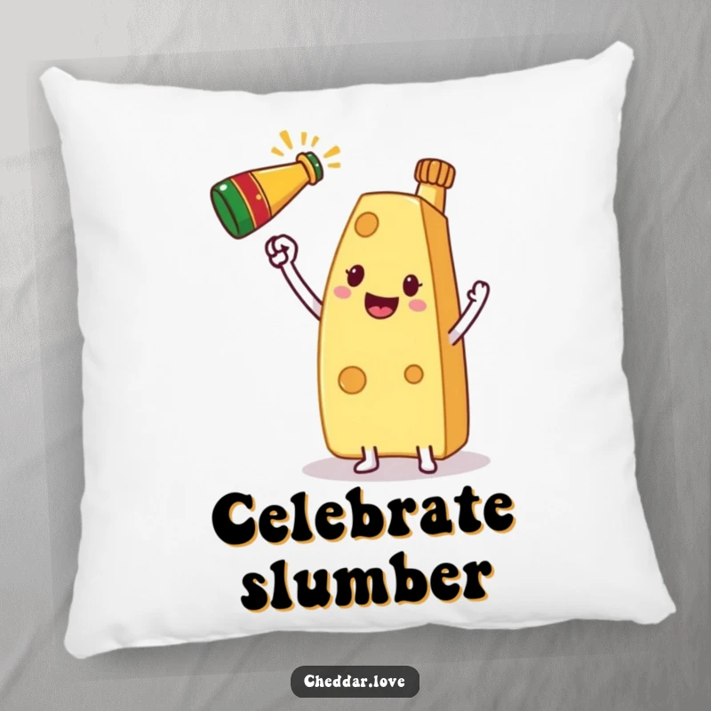 Funny Pillow featuring a slice of cheese raising a champagne bottle, bringing festive cheer to any room.