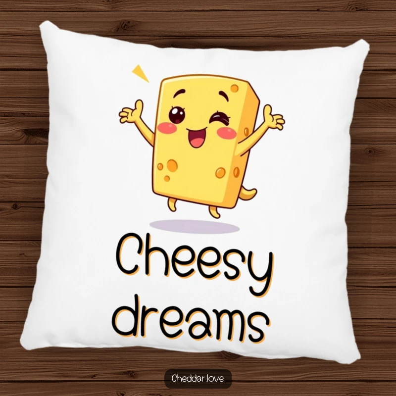 Funny cheese pillow showing a grinning piece of cheddar cheese doing a triumphant dance, offering humorous comfort and decor.