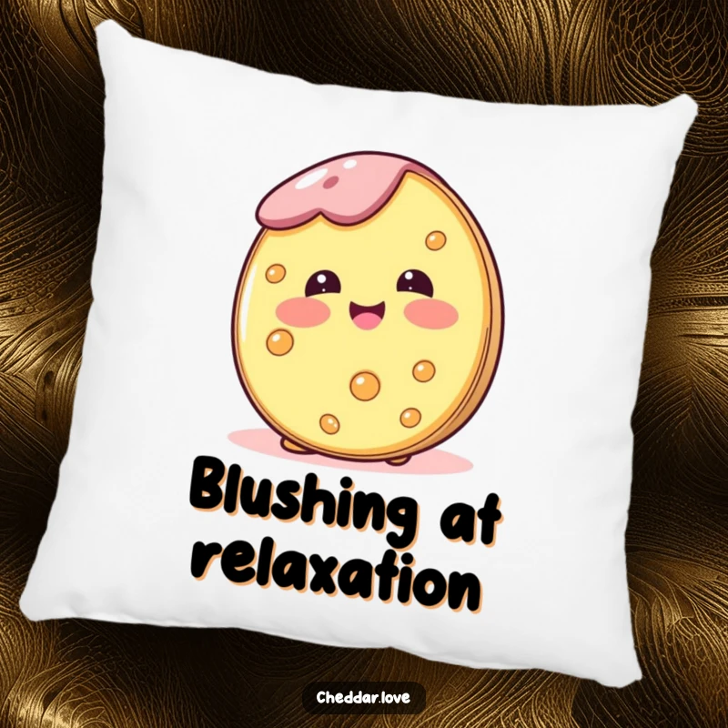 Funny, soft pillow featuring a cheese wheel blushing happily, bringing cozy, sweet comfort to any living space.