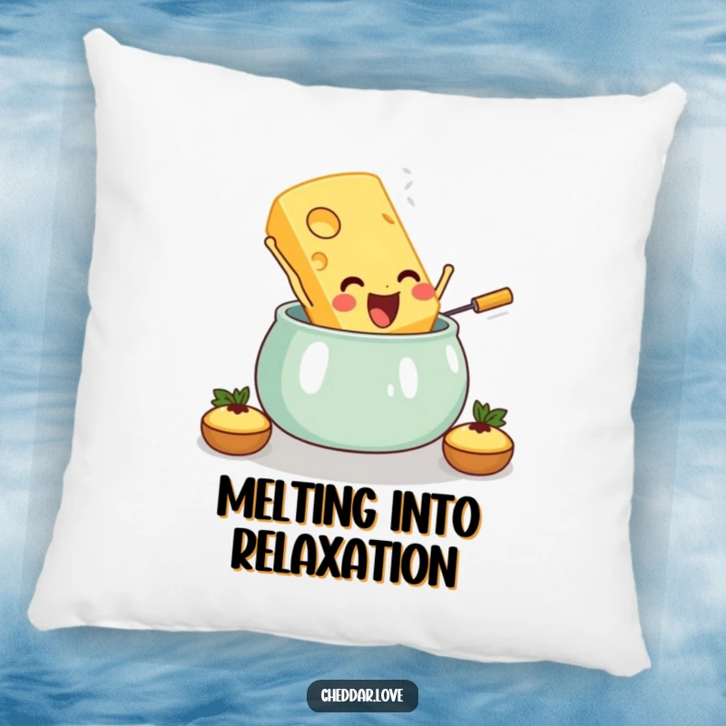 Funny, soft pillow featuring a cheese slice leaping into a fondue pot, bringing cozy humor to any room.